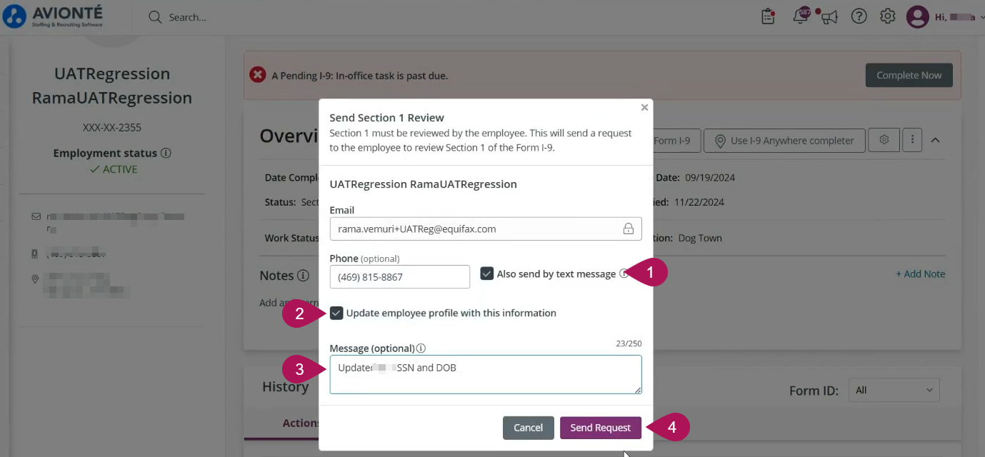 Send Request popup window