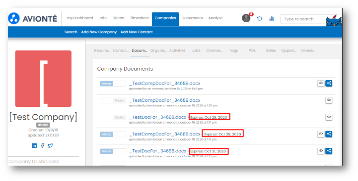 List of company documents showing expiration date column populated for multiple documents