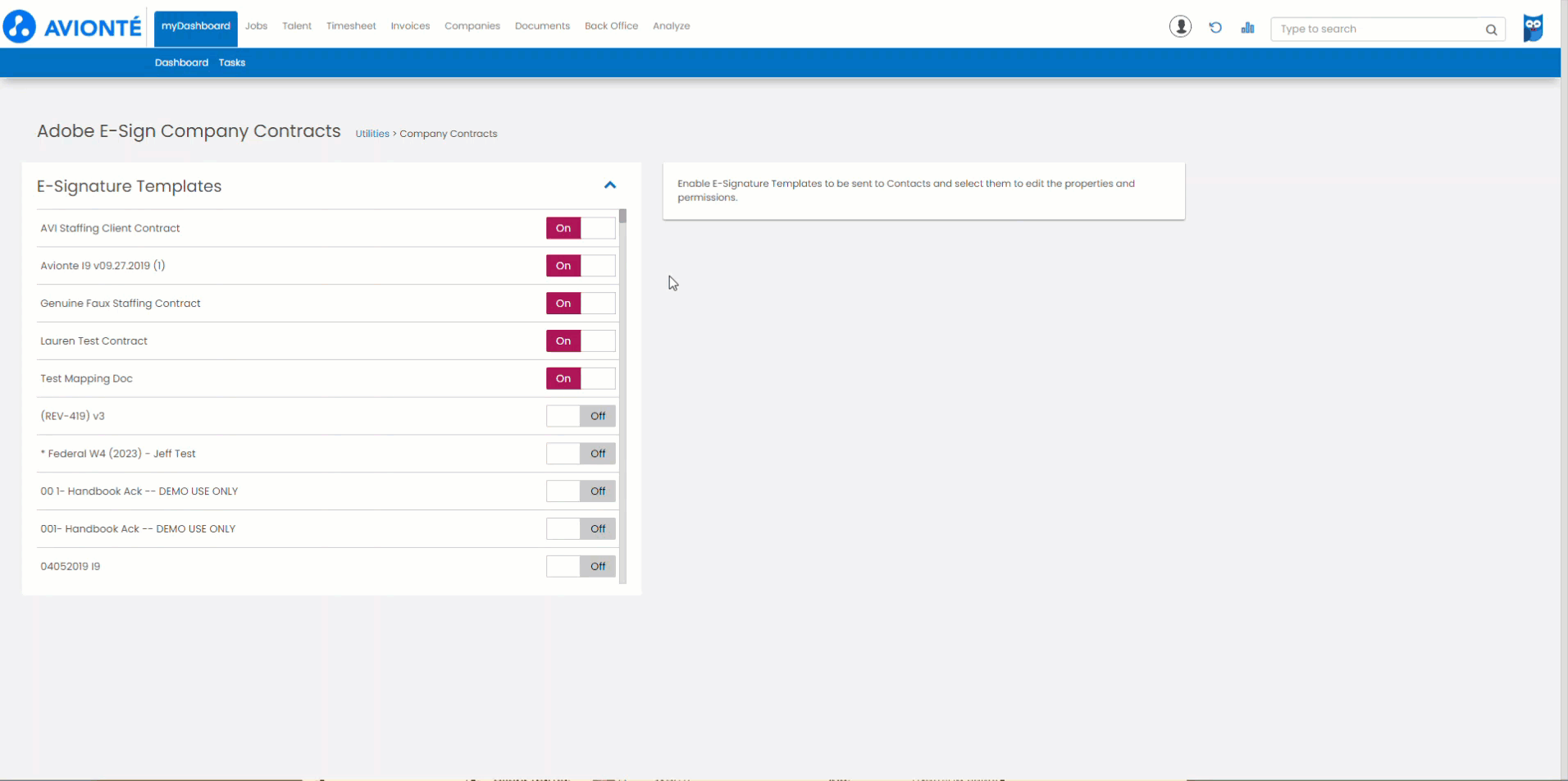 Adobe Company Contracts templates screen showing toggle controls for enabling templates