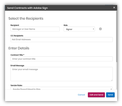 Send Contracts with Adobe Sign fly-out panel showing all available fields