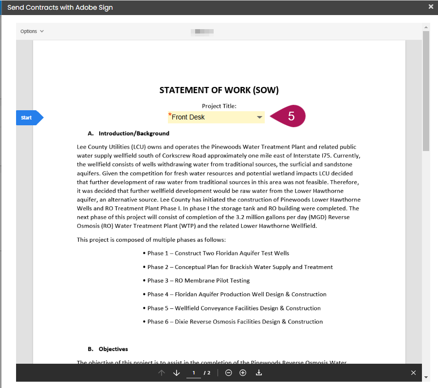 Adobe Sign prefill fields screen with required fields highlighted