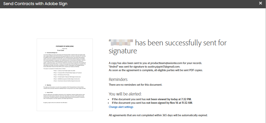 Document Sent Successfully confirmation message in Adobe Sign