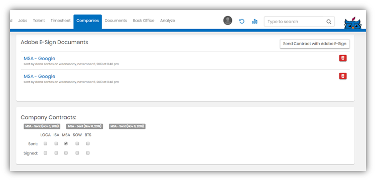 Company Documents screen showing a checked contract checkbox and the document listed in the Adobe E-sign Documents section after sending