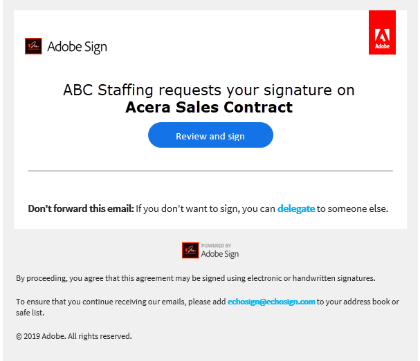 Adobe Sign contract email received by the contact showing the Review and Sign link