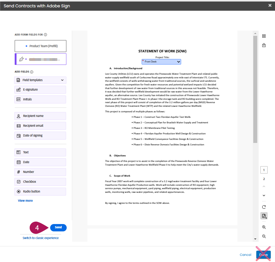 Adobe Sign editing screen showing the Send button on the bottom left and a warning not to click Done