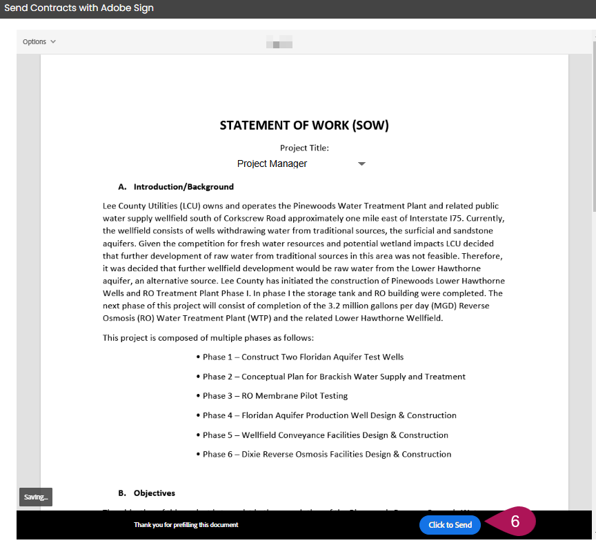 Adobe Sign screen showing the Click to Send button
