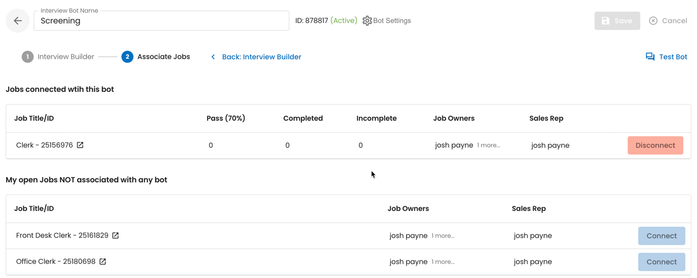 Associate Jobs screen