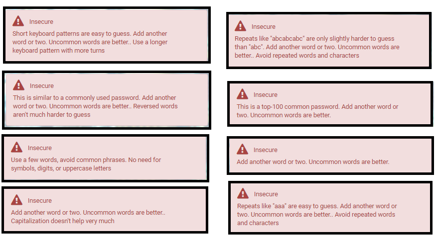 Examples of Insecure password feedback messages