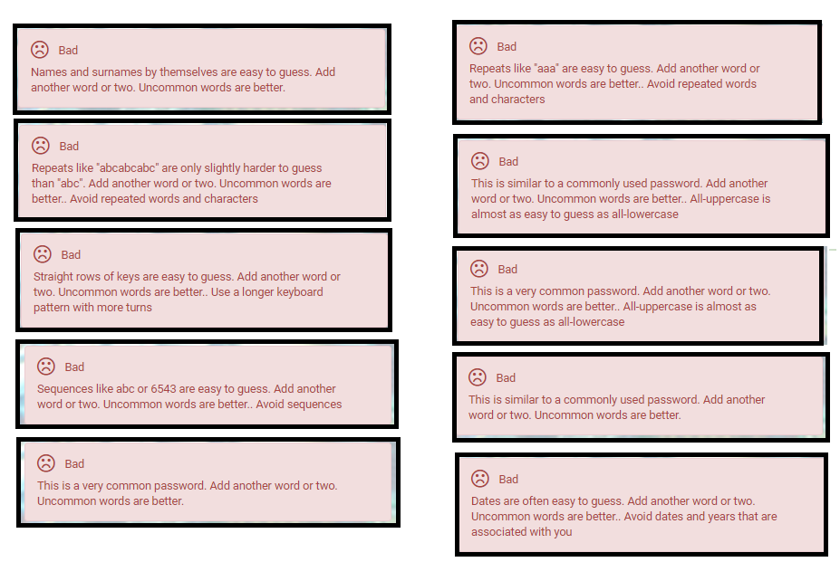 Examples of Bad password feedback messages
