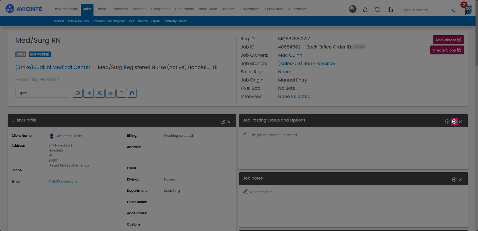 Job Details page with Job Posting Status and Options widget
