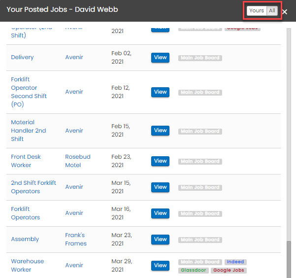 Your Posted Jobs dashboard widget