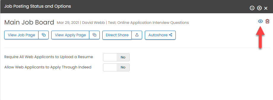 Eye icon to edit an existing job posting