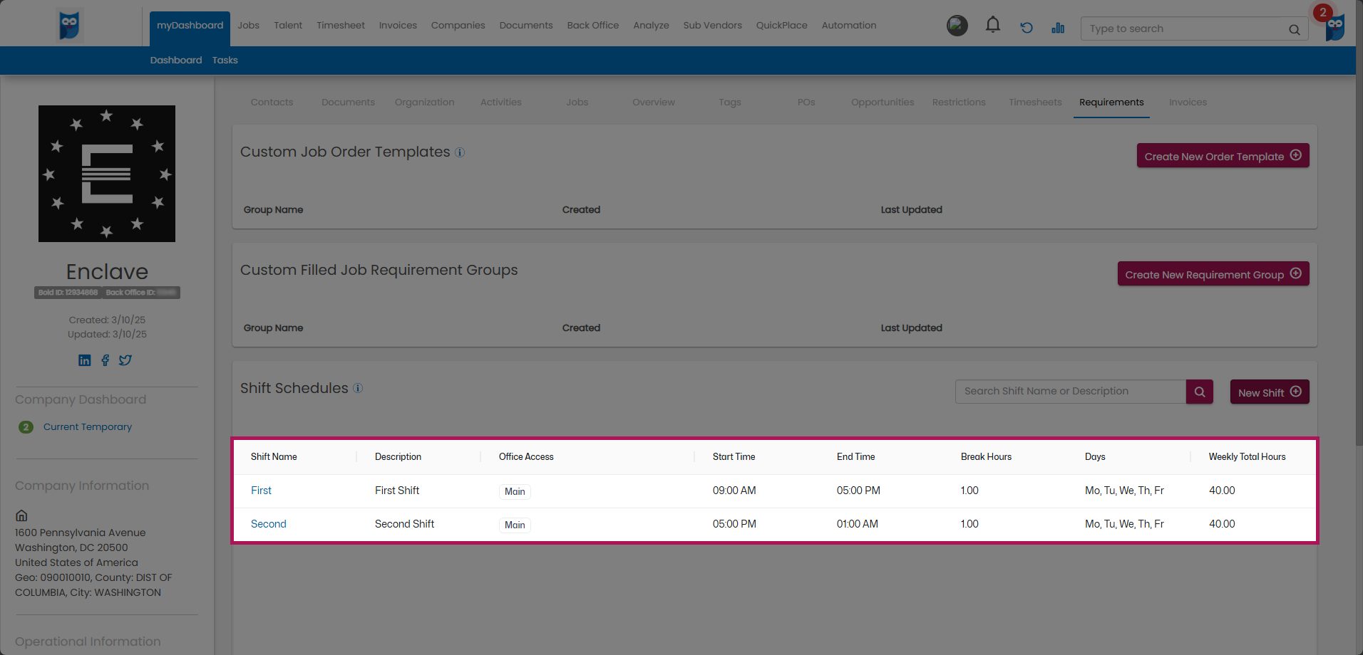 Bold - Companies - Company Profile - Requirements Tab - Shift Created & Highlighted.png