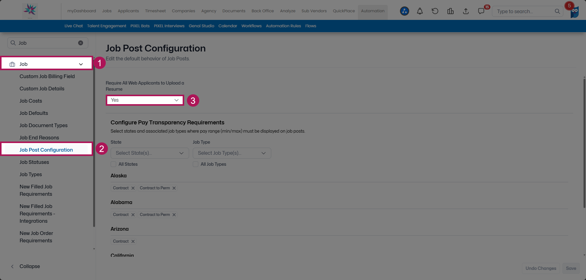 Job Post Configuration table settings
