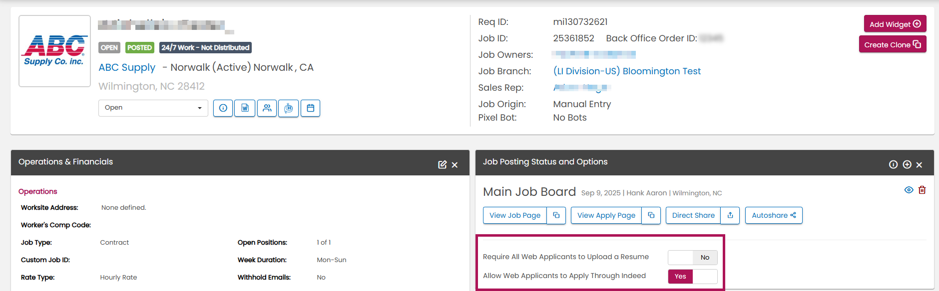 Job Posting Status and Options widget with default toggle selections