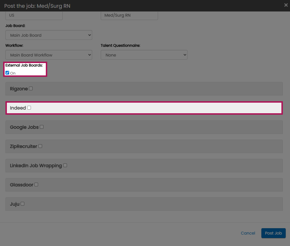 External Job Boards checkbox with Indeed selected