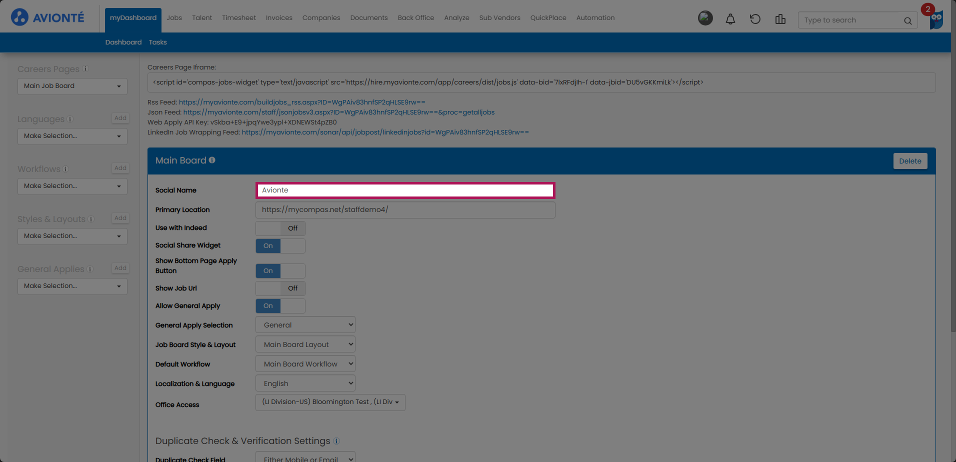Social Name configuration in the Careers Page Editor