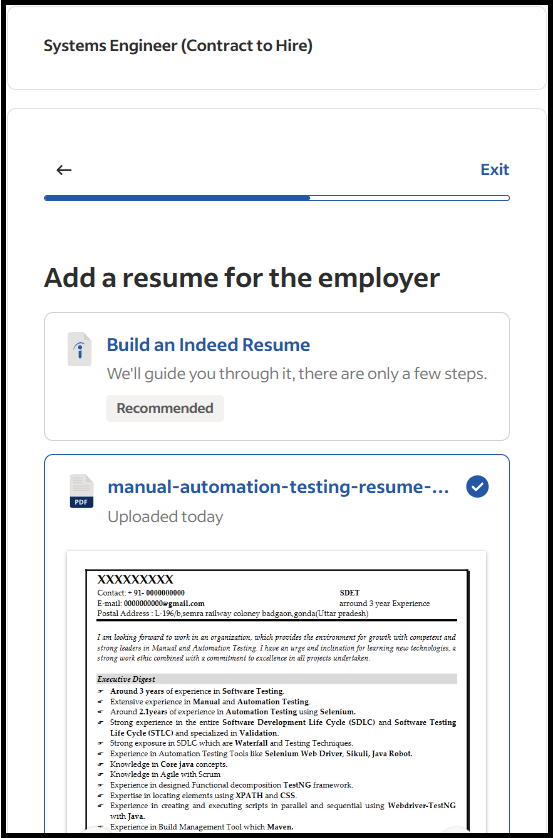 Resume upload screen