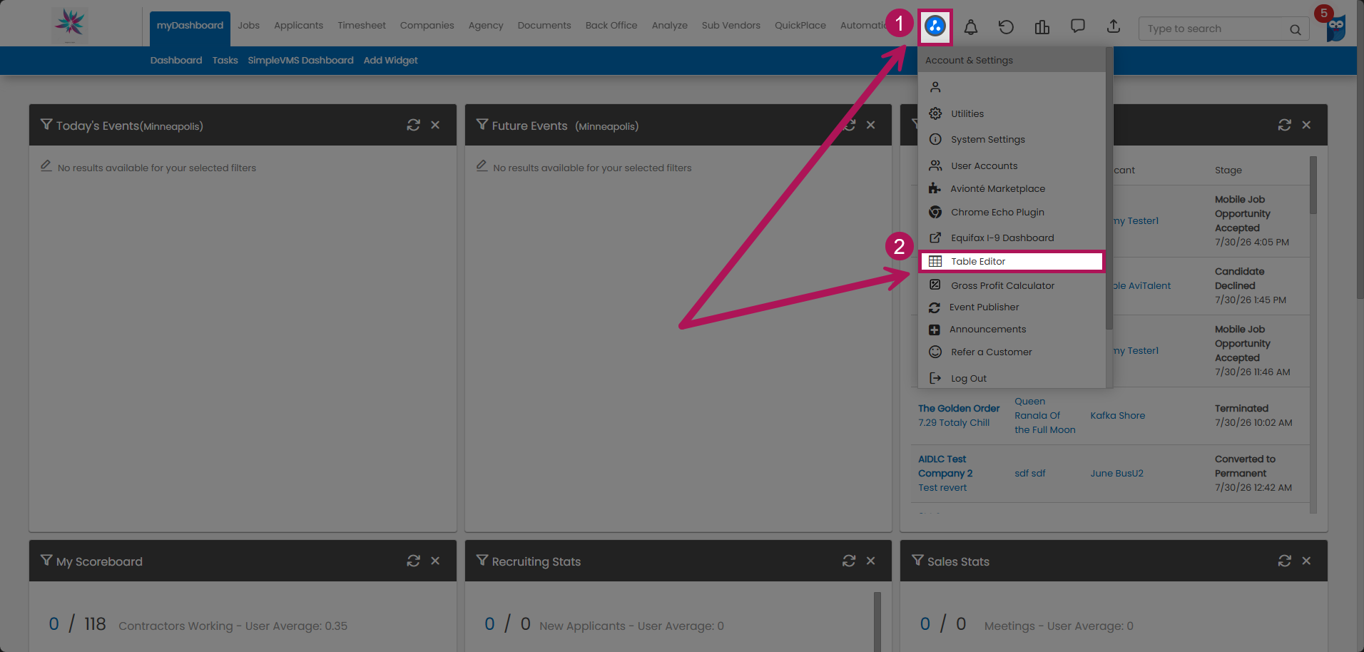 Account & Settings Table Editor navigation