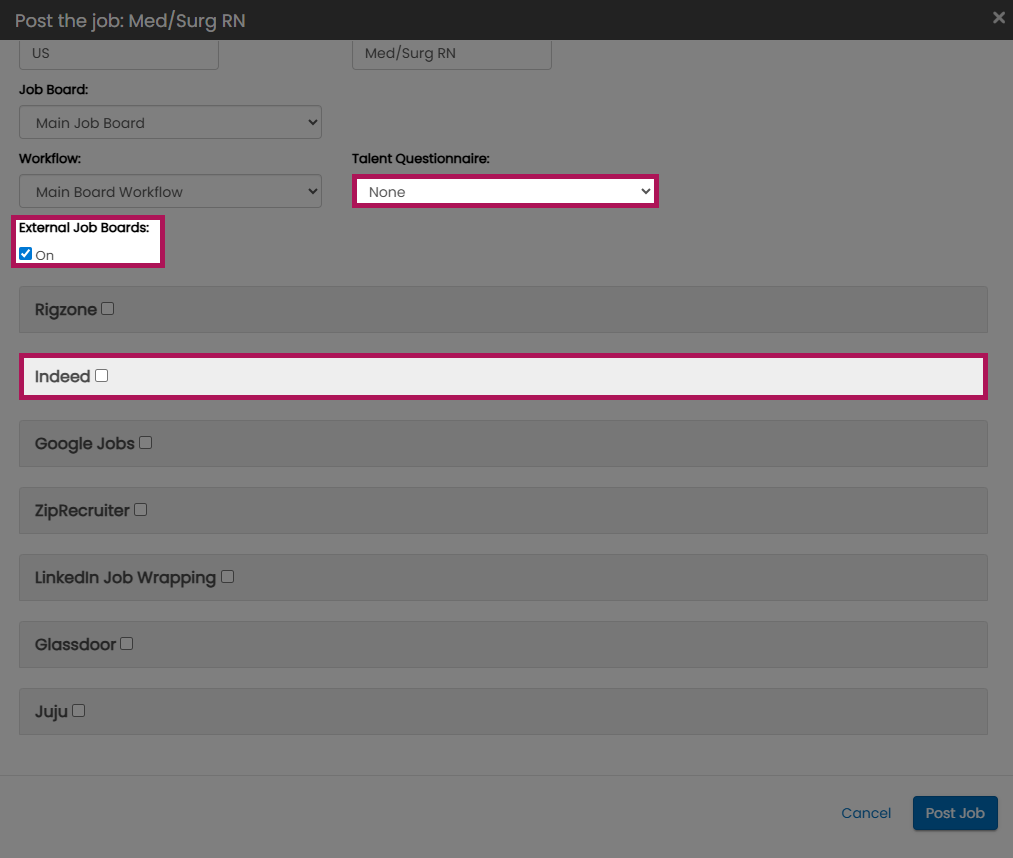 Talent Questionnaire dropdown during job posting