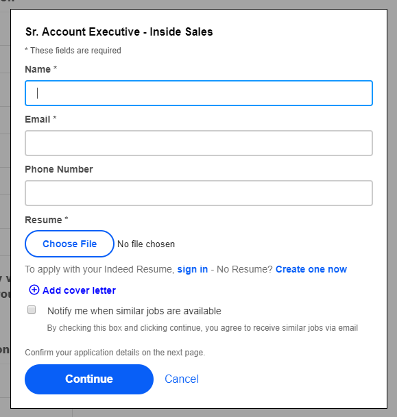 Indeed profile submission screen