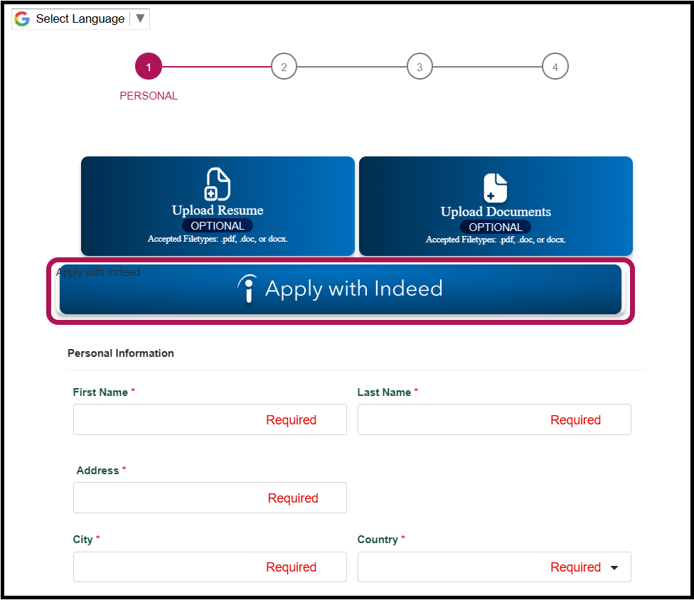 Apply with Indeed button with Talent Questionnaire included