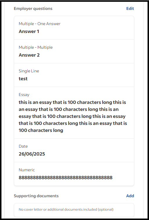 Talent Questionnaire screen