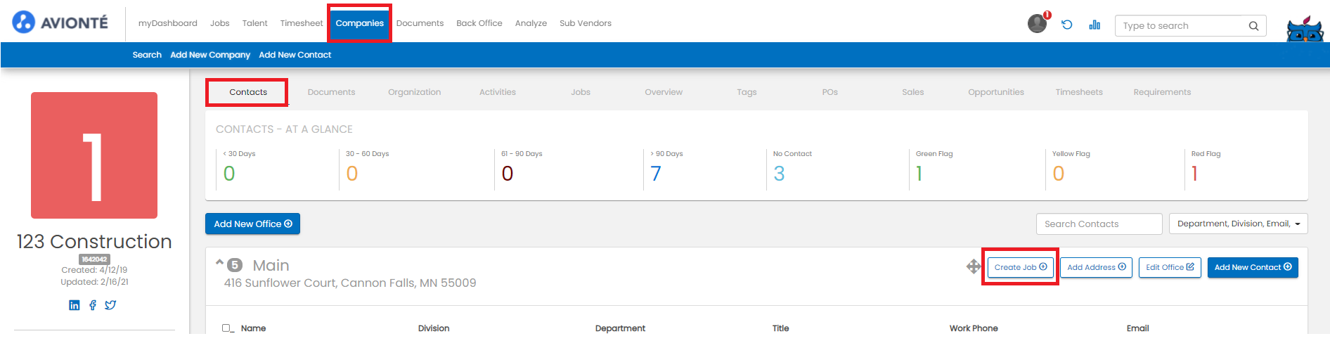 Creating a job via the Contacts section on a Company record