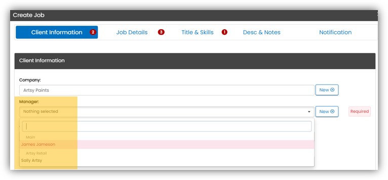 Create Job - Client Information