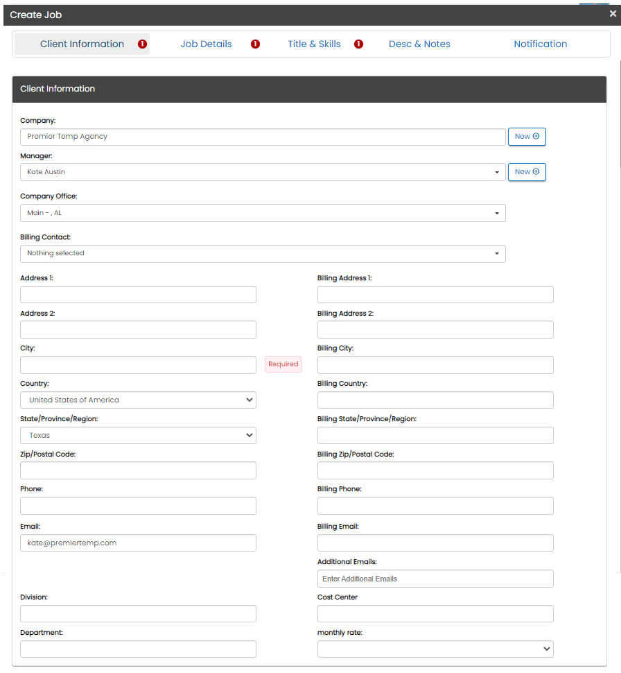 Client Information tab on the Create Job flyout
