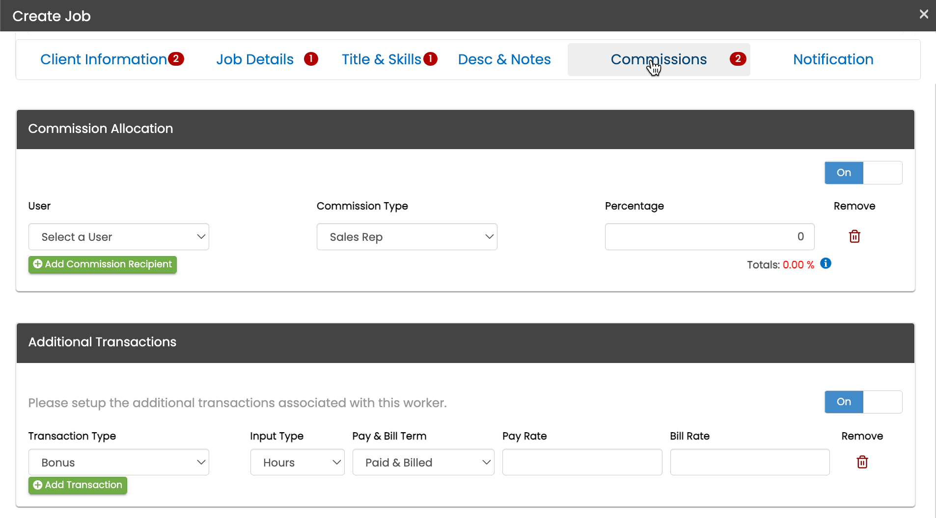 Commissions tab on the Create Job flyout
