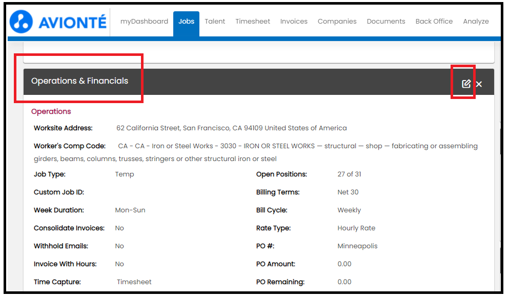 Edit icon on Operations and Financials widget