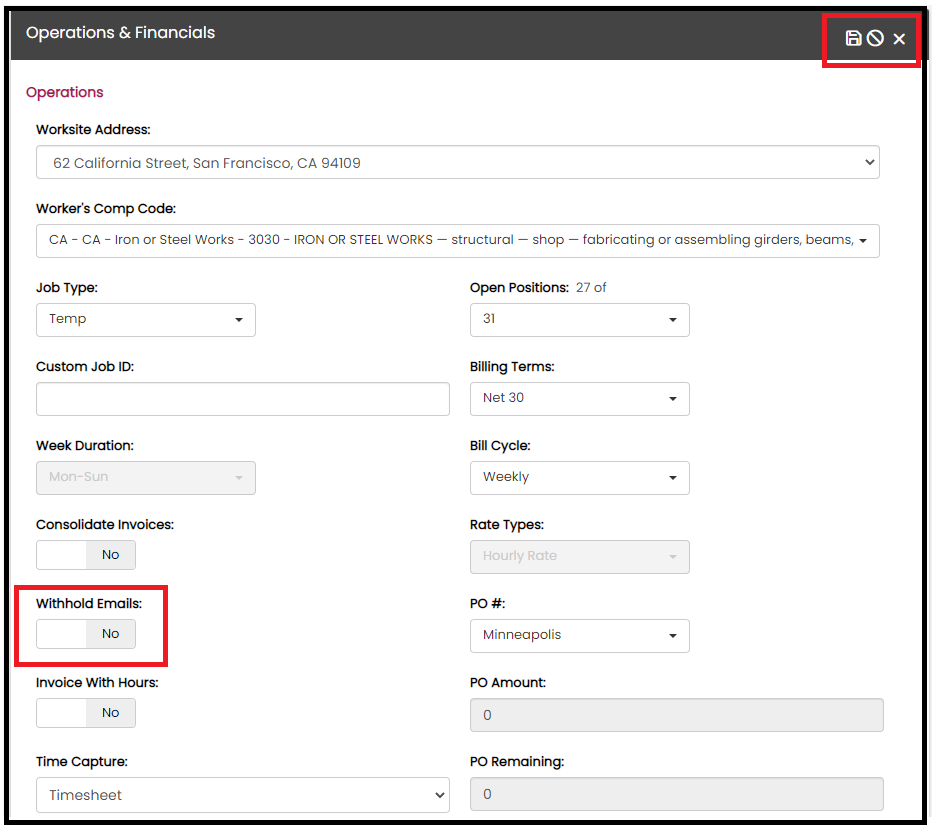 Withhold Emails toggle and Save icon