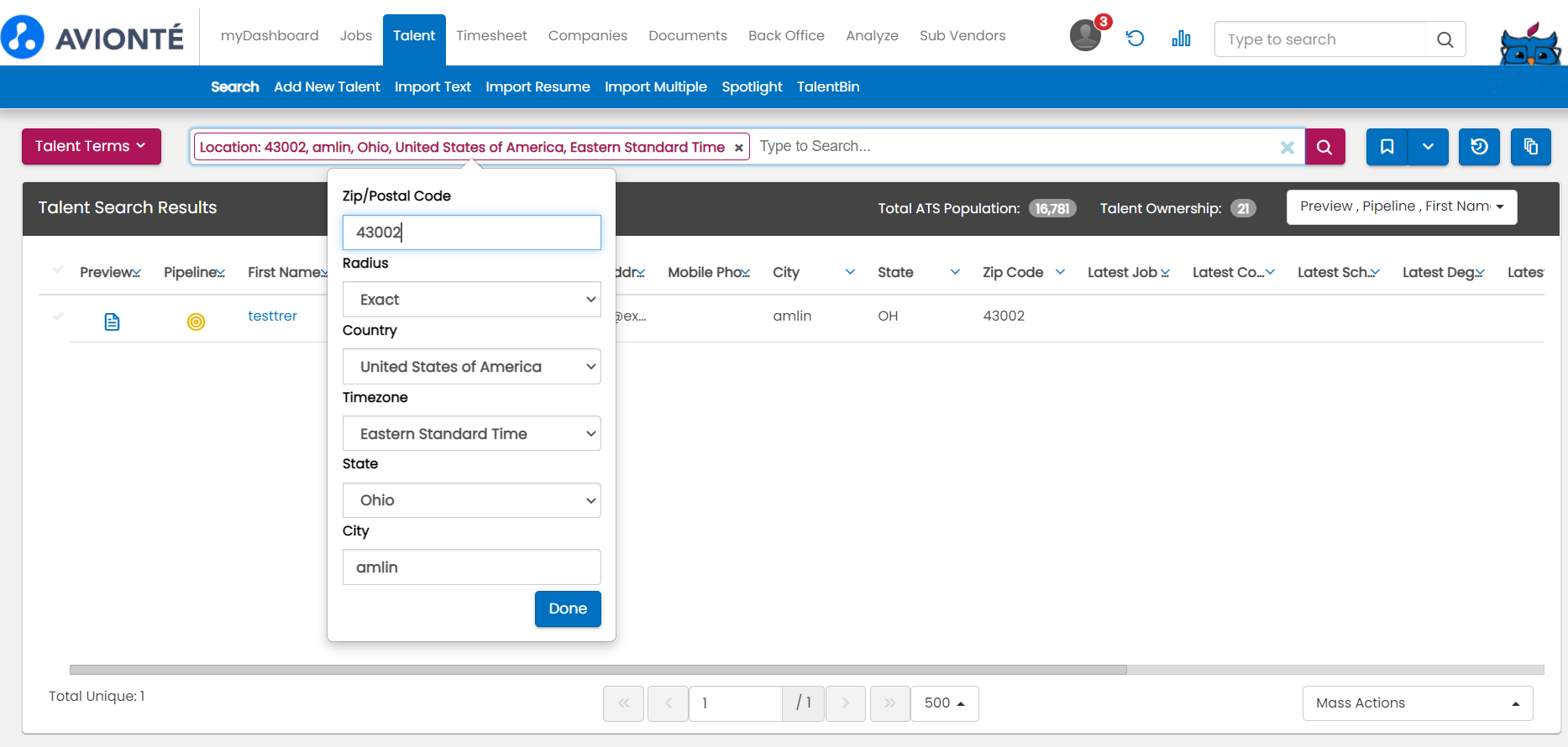 Talent search with timezone dropdown