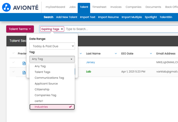 Expiring Tags search term and results