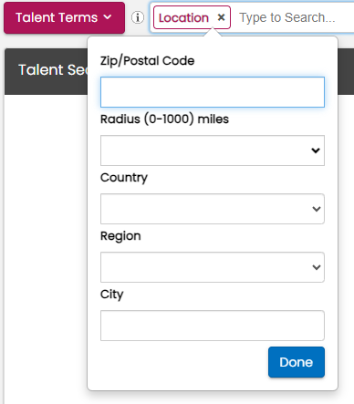 Talent search location fields showing zip code and radius options