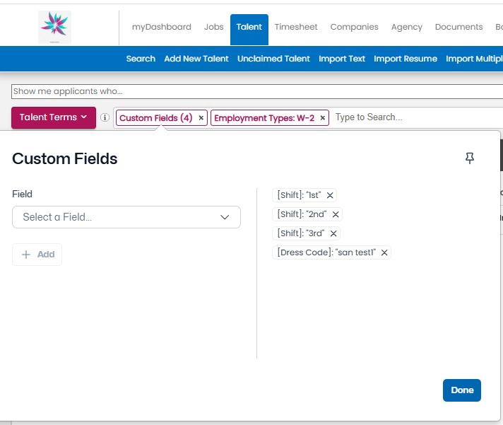 Custom Fields search showing multiple criteria with AND/OR logic