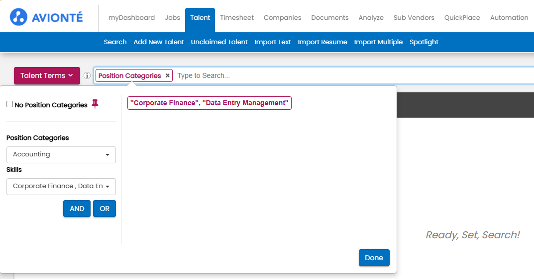 Position Category search term with AND/OR options