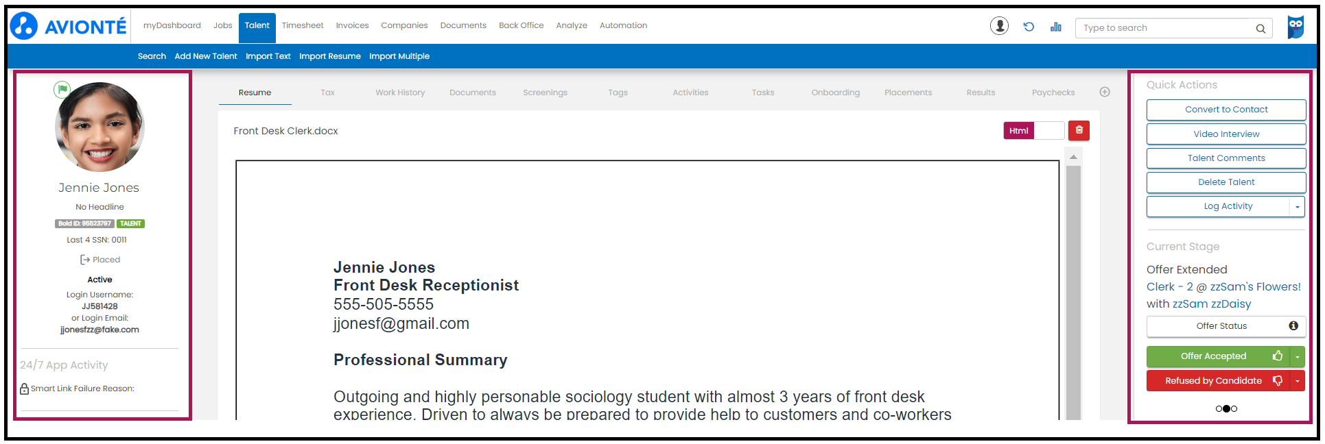 Talent profile widgets overview