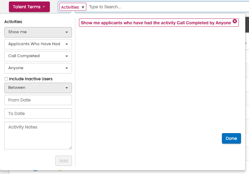 Applicant/Talent Activities search term