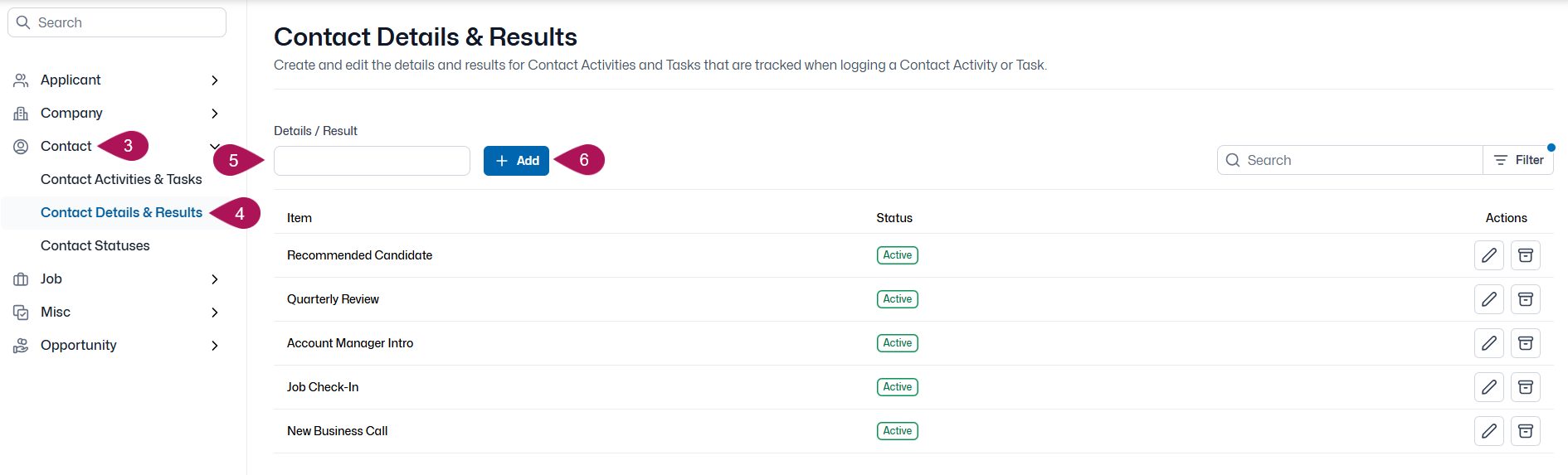 Contact Details and Results admin screen