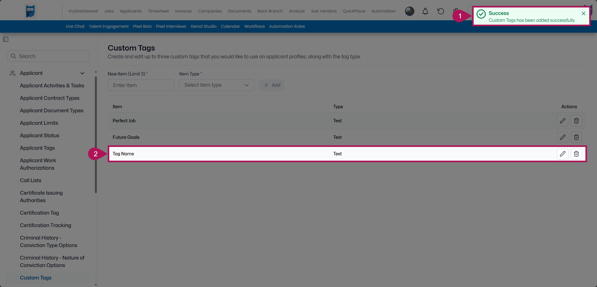 New Custom Tag added confirmation pop-up with item highlighted