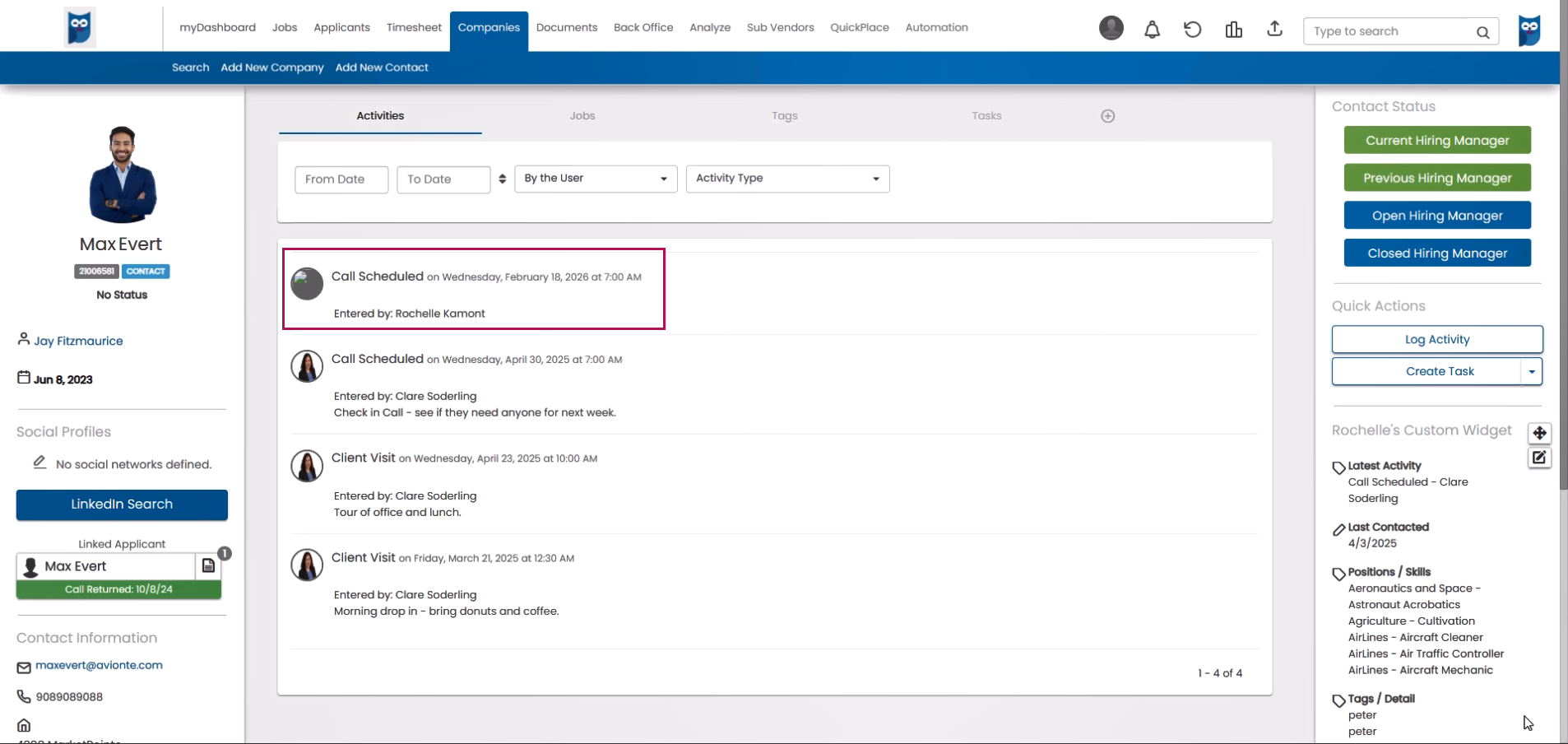 Example of details and results logged on contact