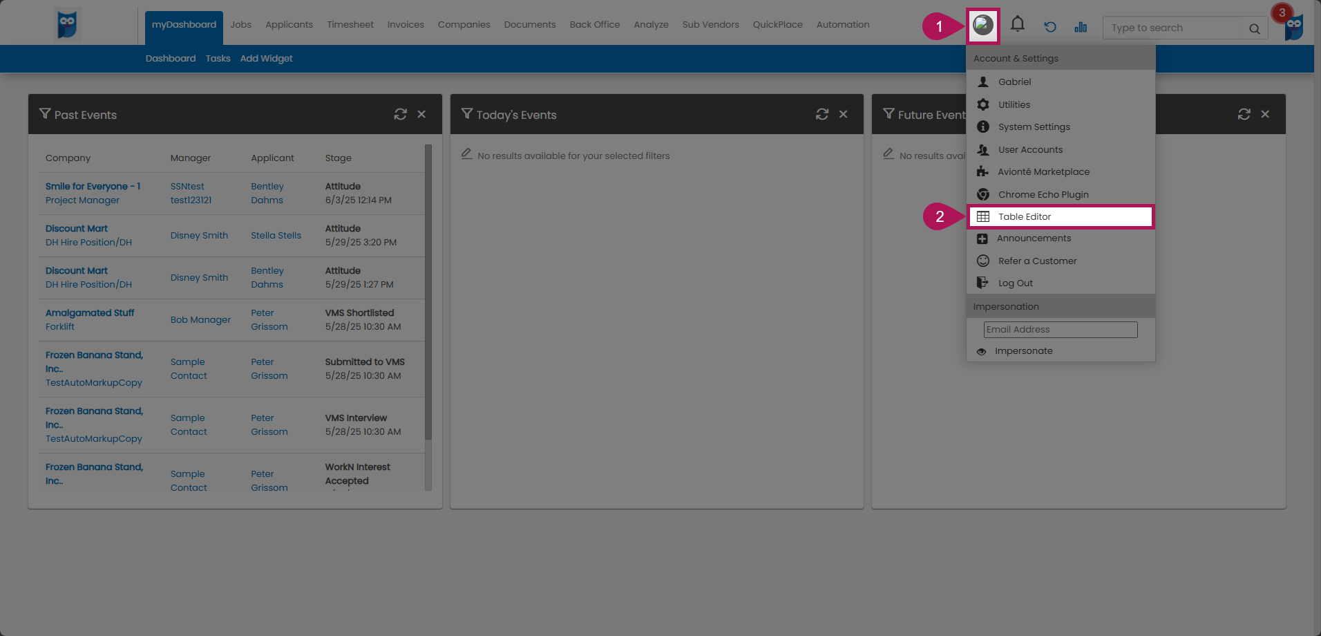 Account and Settings menu with Table Editor highlighted