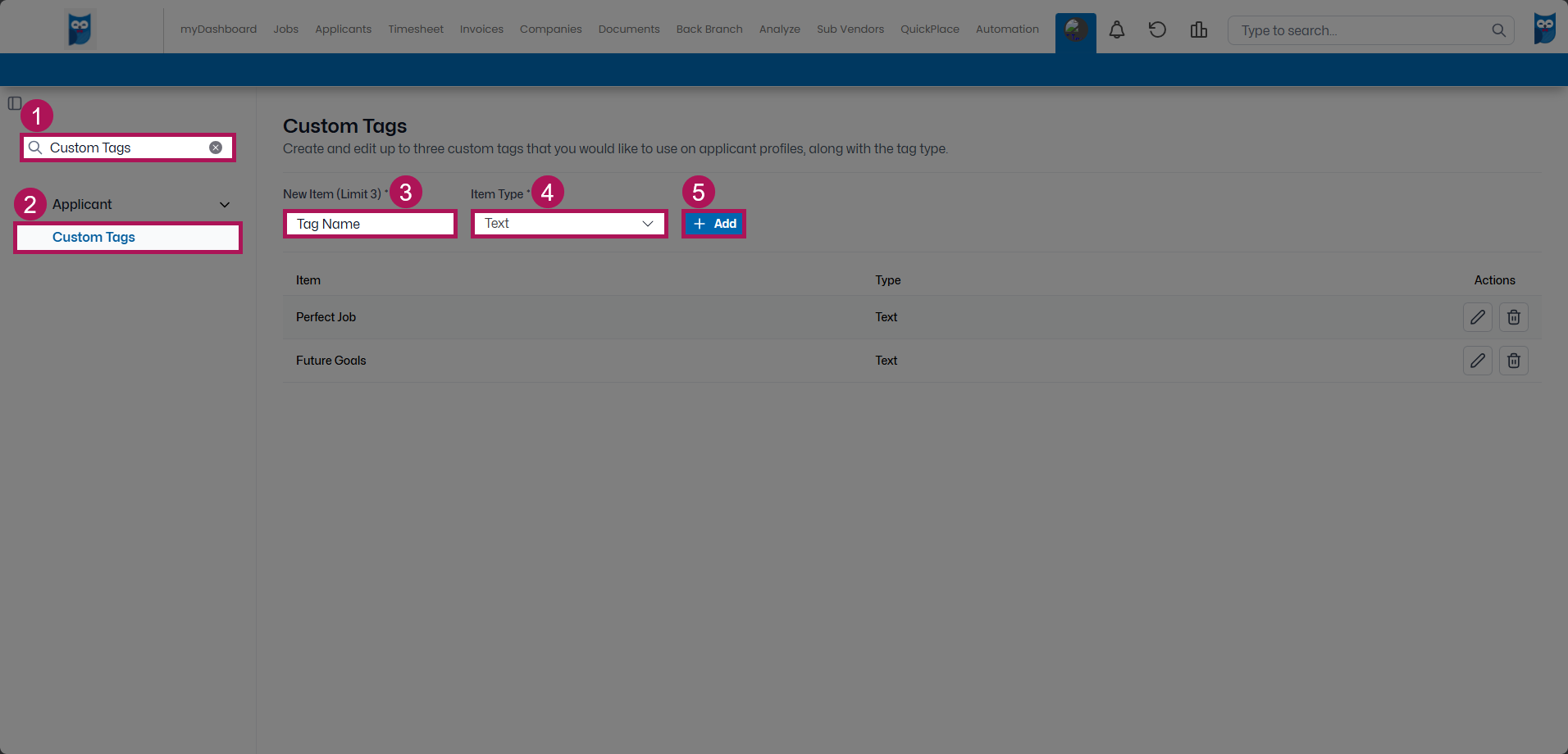 Table Editor with Custom Tags search result and New Item field filled in