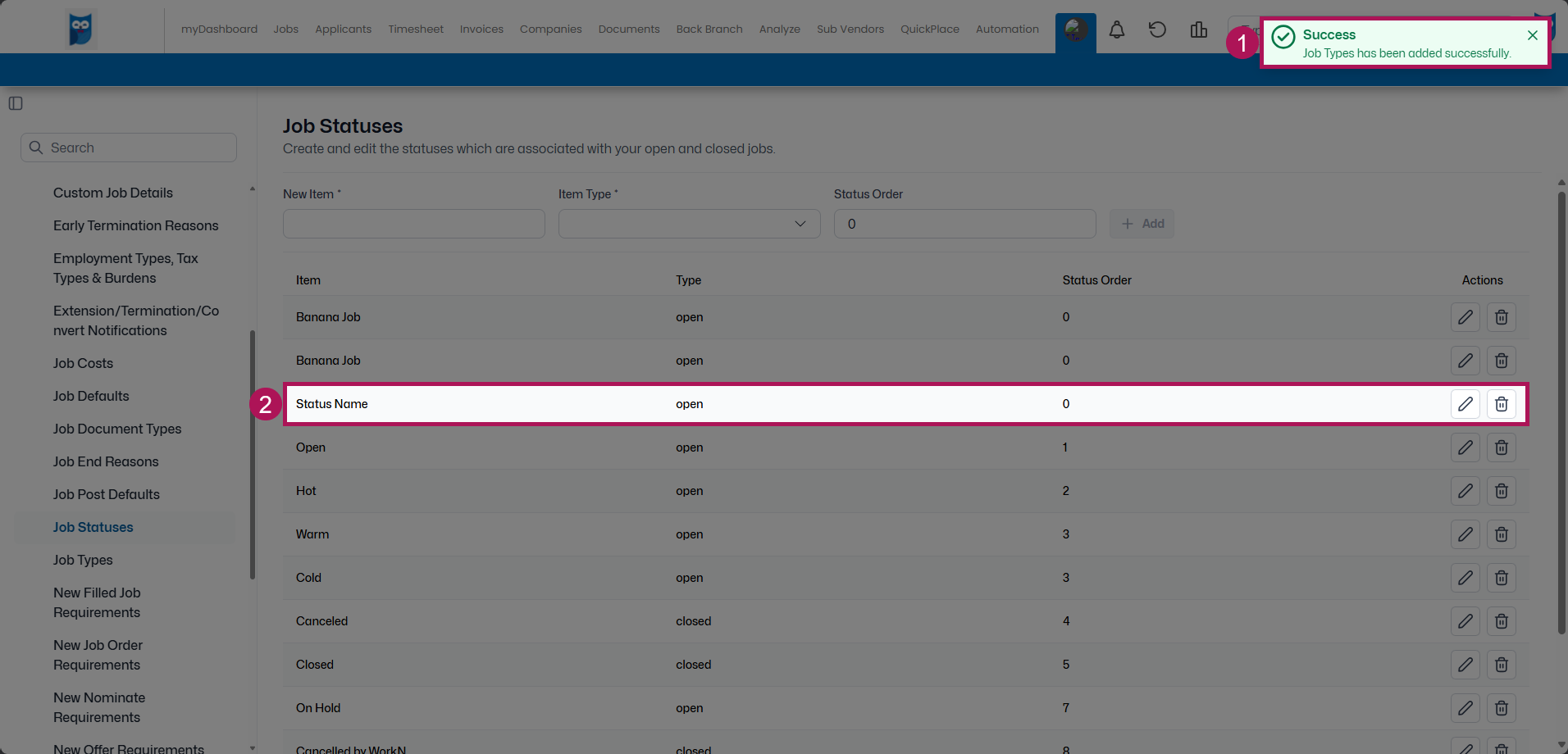 Bold - Table Editor - Jobs - Job Statuses - Job Status Success Pop-Up & Name Highlighted.png