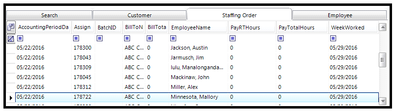 Staffing Order tab in Bottom Section