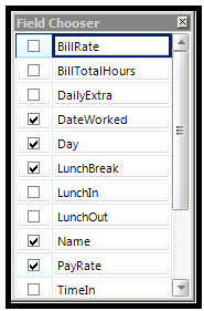 Field Chooser window with column checkboxes