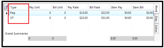 Week tab with Type column visible