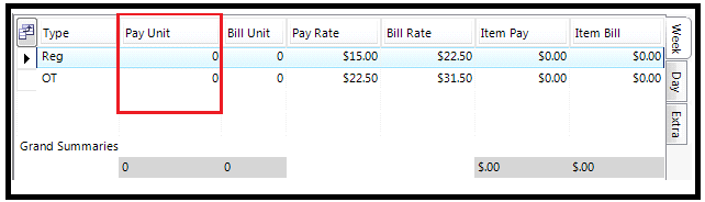 Pay Unit field selected in Week tab